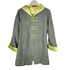 MOKSHA Jacket Womens Medium Green Wool Silk Satin Lined Frog Closure Floral Coat